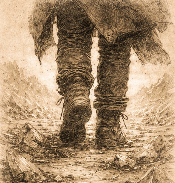 Kian walking across glass shards