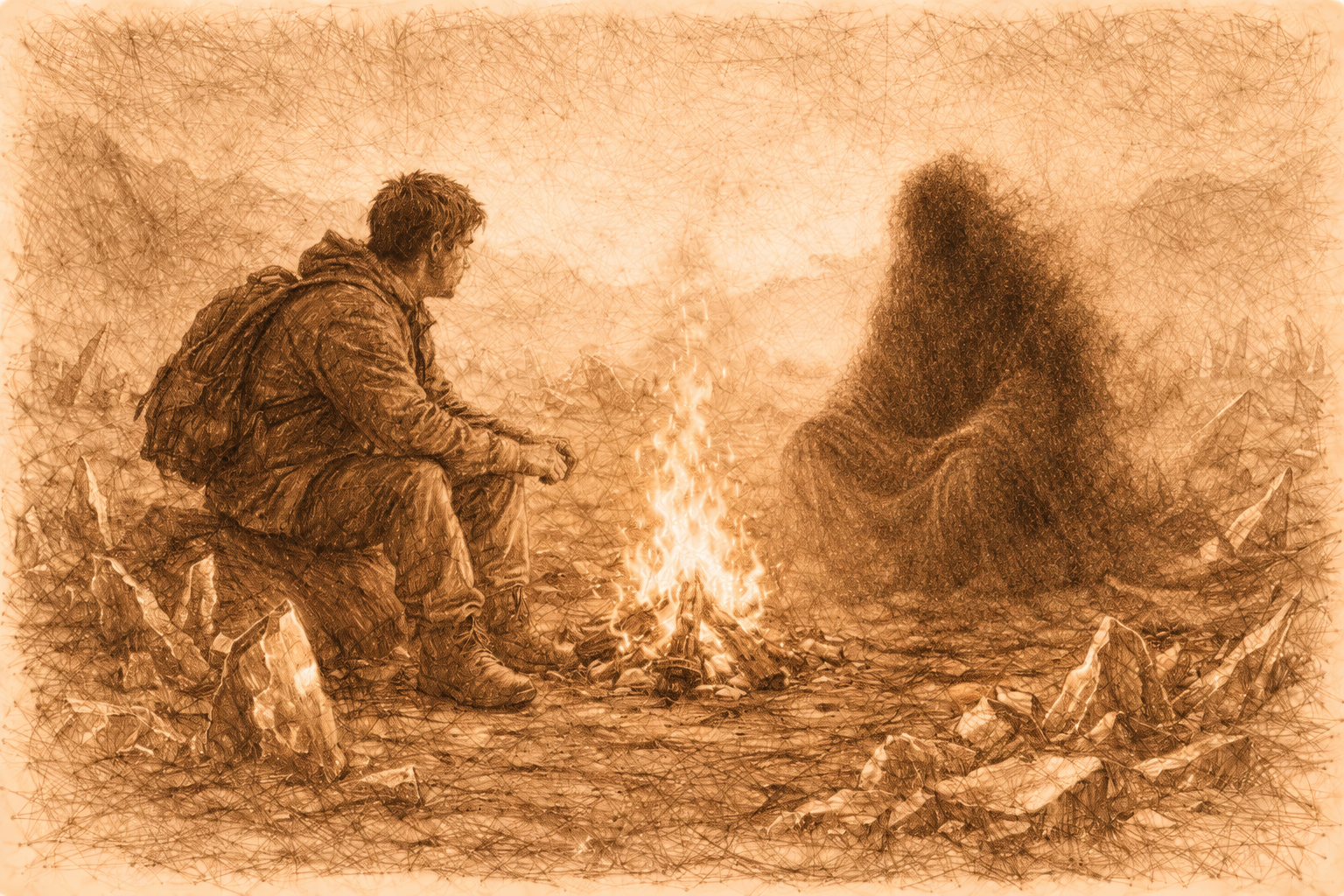 Kian sitting by the fire with the being